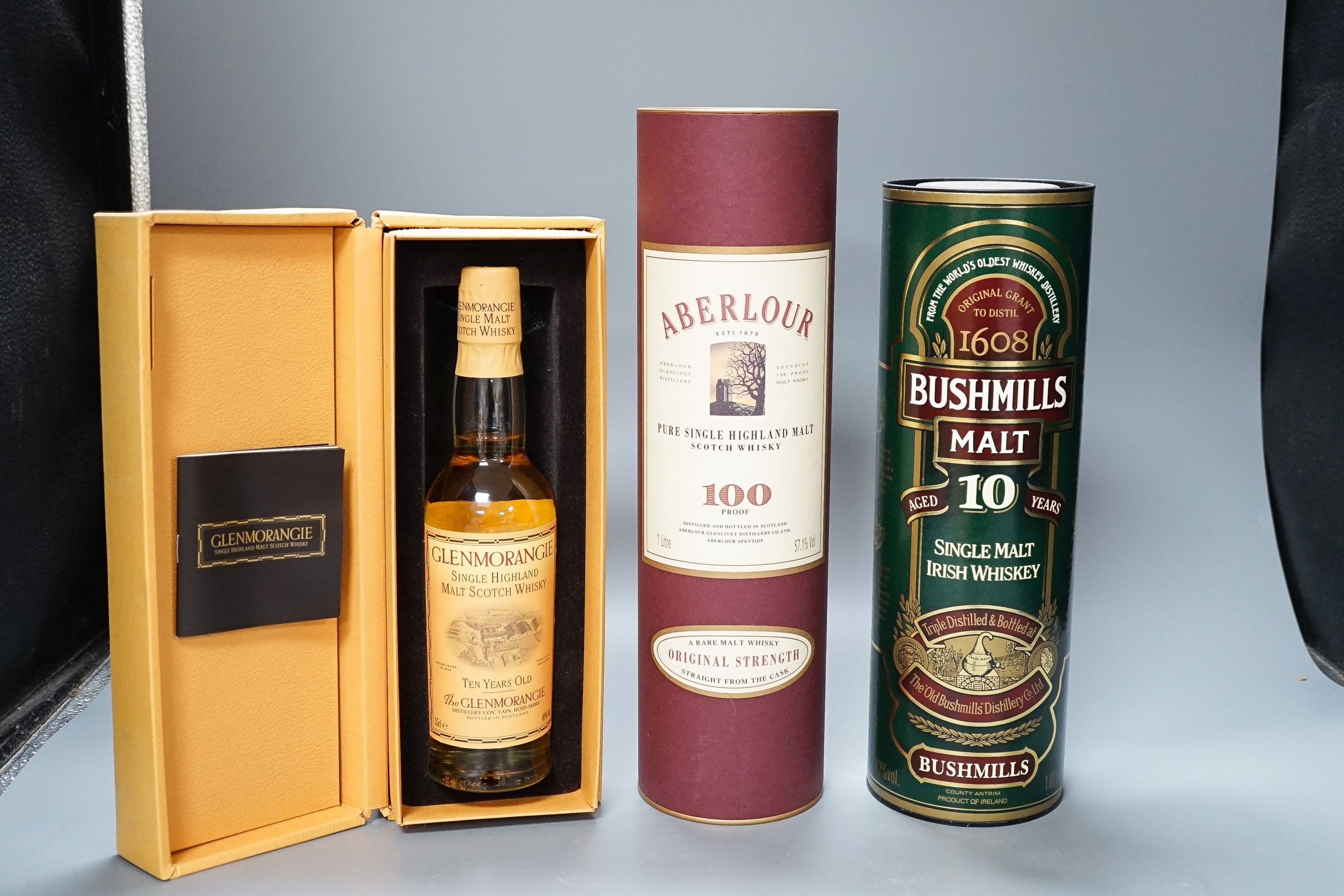 1 litre of 100 proof Abelour Scotch whisky, 1 litre of 10 year Bushmills Irish whiskey and a 35cl 10 year Glenmorangie